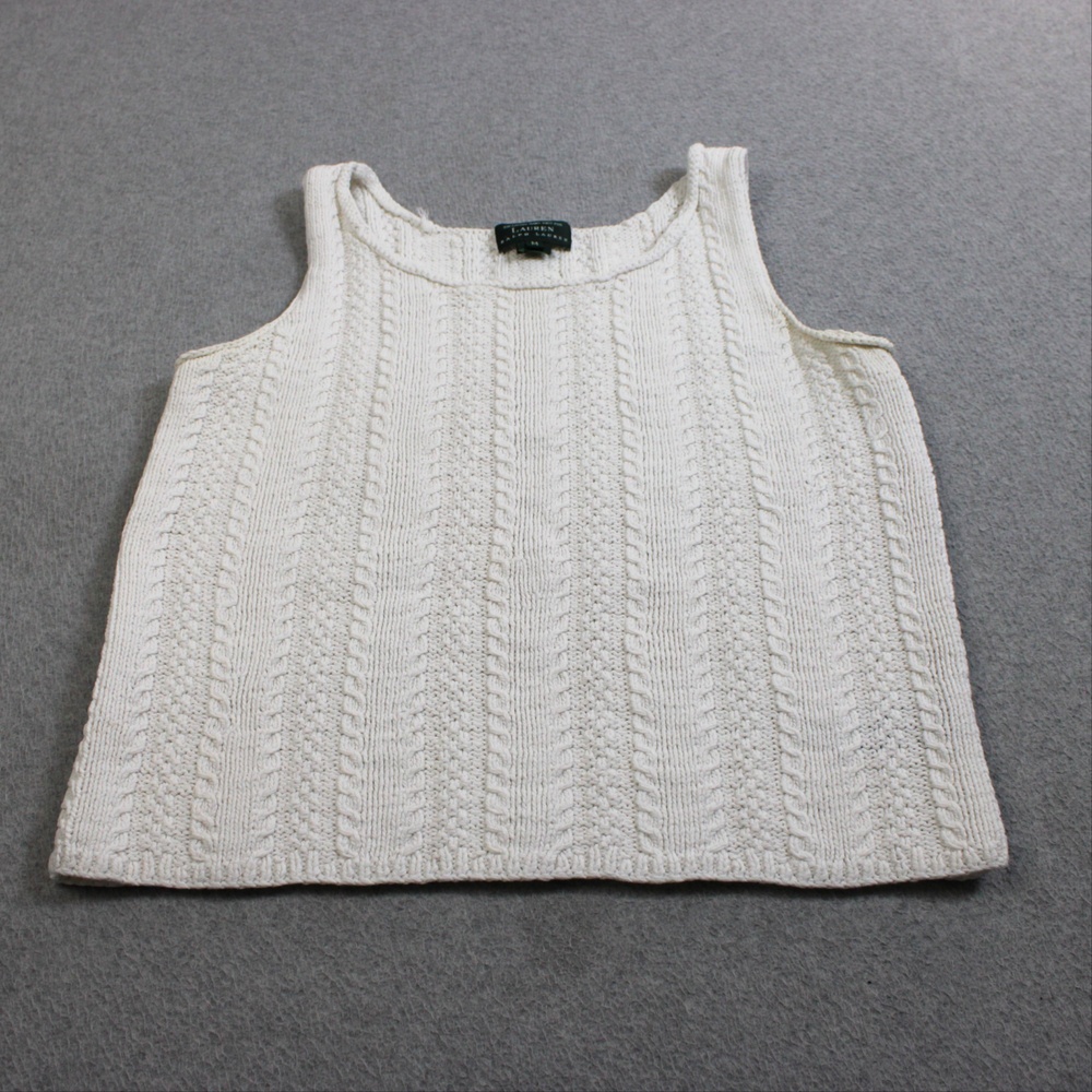 Vintage Lauren Ralph Sweater Tank Women Medium White Cable Knit Handknit Heritag